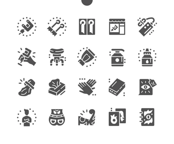 Tattoo art studio. Tattoo machine. Tattooing. Professional tattoo artist. Napkins, antiseptic, tattoo needles and sterile gloves. Vector Solid Icons. Simple Pictogram — Stock Vector
