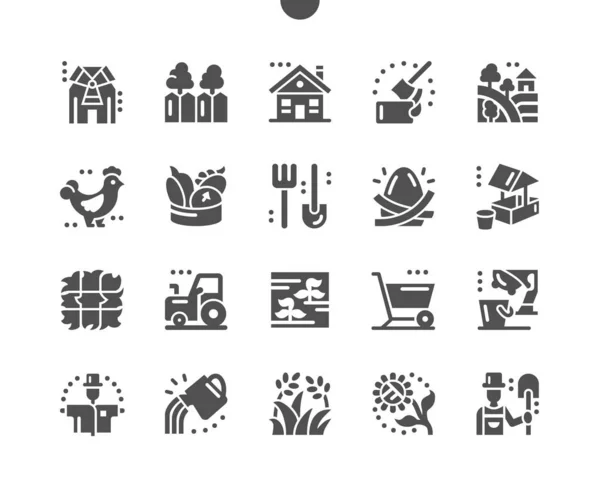 Dorp. Landelijk landschap. Groenten uit de tuin. Tractor, kar, schop en hooivork. Kippenei en verse melk. Vector Solid Icons. Eenvoudig Pictogram — Stockvector