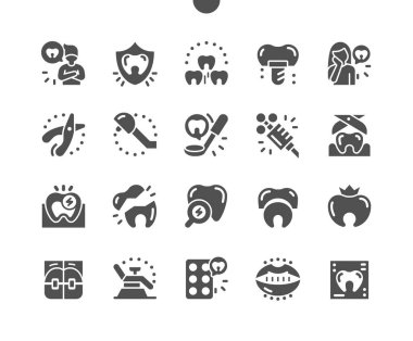 Dişçi. Koruma dişleri. Tıbbi yardım. Güzel dişler. Dişi sökülmüş. Ağrı kesici şırınga. Diş hekimi, doktor, klinik, bakım, ilaç ve sağlık hizmetleri. Vektör Katı Simgeleri. Basit Resim Grafiği