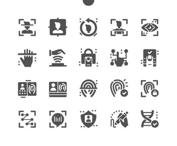 Biometrie. Fingerabdruck, Spracherkennung. Personenscan. Biometrischer Pass und Dokumente. Menschlicher Datenschutz. Gesichtsuntersuchung. Vektor Solid Icons. Einfaches Piktogramm — Stockvektor