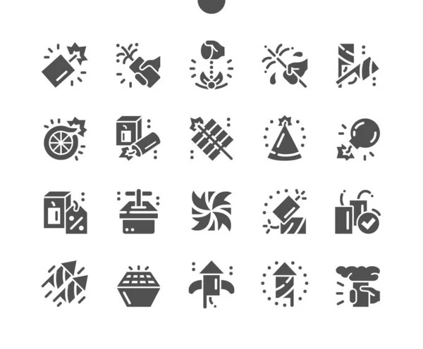 Pyrotechniek. Petard, fakkel, sterretjes en vuurwerk. Een stelletje rotjes. Ontsteker. Feest en feest. Vector Solid Icons. Eenvoudig Pictogram — Stockvector