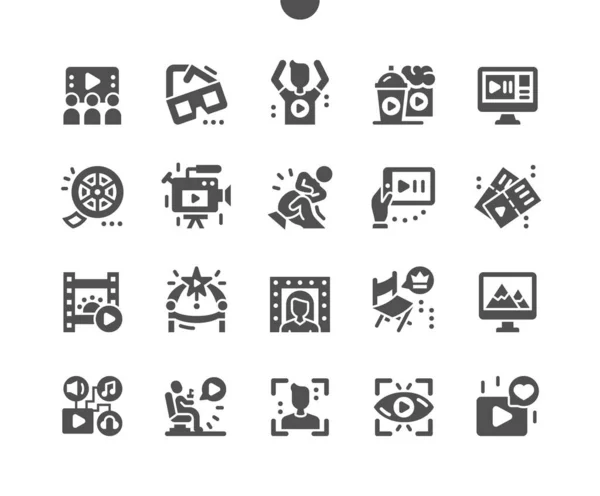 Movie. Cinema. Watching movie on a computer and phone. 3D glasses. Film camera and bobbin. Movie tickets. Film award. Viewer. Vector Solid Icons. Simple Pictogram — Stock Vector