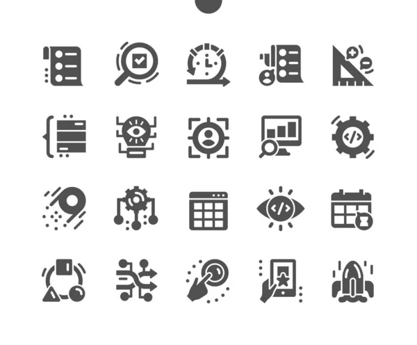 Agile Entwicklung. Mittelzuweisungen. Prozess, Software, Qualität, Strategie. Projektmodell. Überprüfung des Kodex. Vision und Zielgruppe. Vektor Solid Icons. Einfaches Piktogramm — Stockvektor
