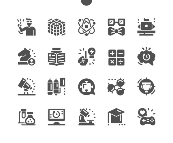 Nerd. Educación, ciencia, tecnología, inteligente, genio joven. Entrenamiento informático. Aprender información. Generando ideas. Matemáticas, astronomía, química y biología. Vector Solid Icons. Pictograma simple — Archivo Imágenes Vectoriales