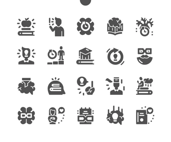 Wijsheid. Het verwerven van kennis en onderwijs. Ervaring. Slim gedacht. Favoriete literatuur. Ontwikkeling van intelligentie. Studeren, school, universiteit en universiteit. Vector Solid Icons. Eenvoudig Pictogram — Stockvector