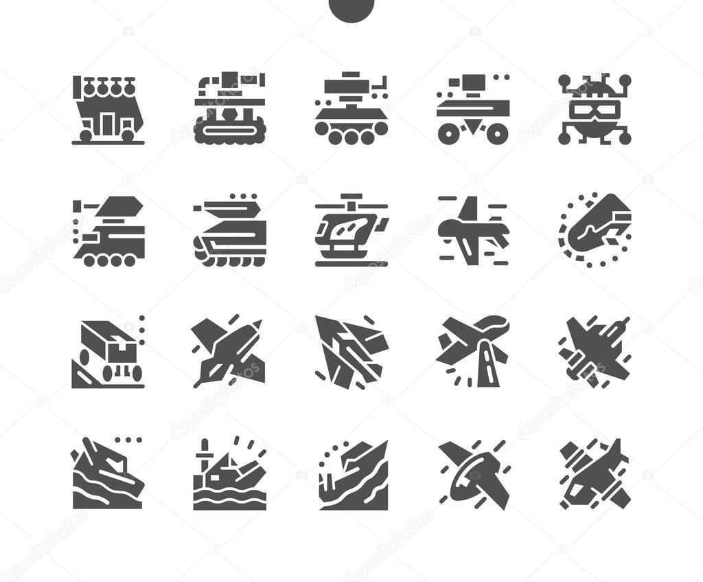 Future military equipment. Wartime, martial, soldierly. Combat aircraft. Supersonic plane. Military tank, robot, plane, helicopter. Innovation and technology. Vector Solid Icons. Simple Pictogram