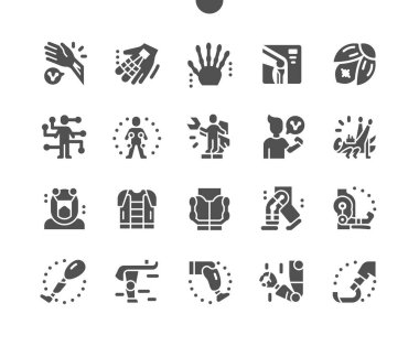 Biyomühendislik. Protez kontrol sistemi. Nano protez. Robot kol. Çip. Yenilik ve gelecek teknolojisi. Vektör Katı Simgeleri. Basit Resim Grafiği