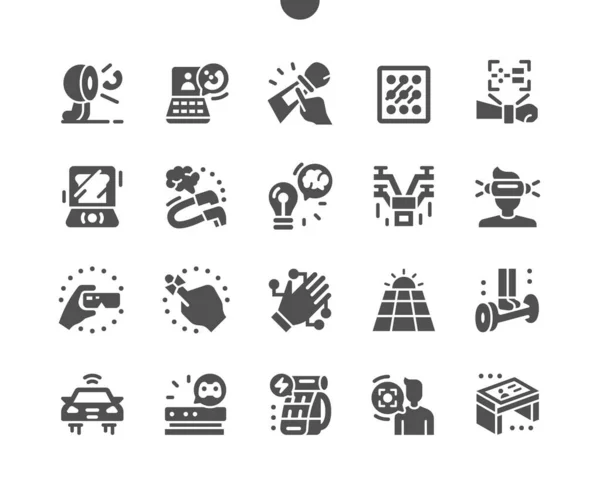 Future gadgets. Lighting touch control. VR glasses. Solar panels and hoverboard. Unmanned flying vehicle. Innovation and future technology. Vector Solid Icons. Simple Pictogram — Stock Vector