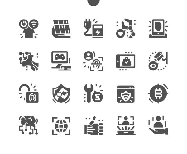 Future industry. Smart appliances in the house. Electronic protection. Artificial intelligence. Robots, holograms, cryptocurrency and robotization. Vector Solid Icons. Simple Pictogram — Stock Vector