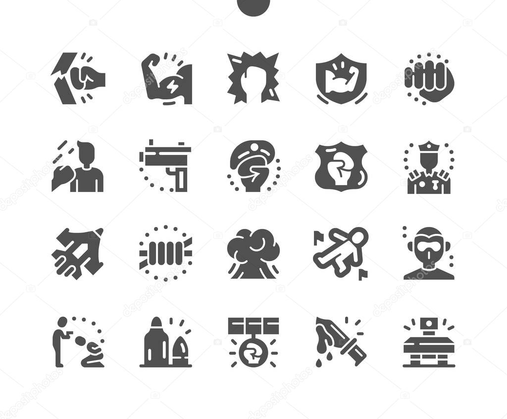 Force. Strong beat. Medal for heroism. Fist, muscle, hit, fighter, gun, shot and defender. Vector Solid Icons. Simple Pictogram