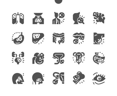 - Kanser. Sağlık, bakım, sağlık, ilaç, hastalık, farkındalık. Beyin, karaciğer, akciğer, nefes borusu, bağırsak, kanser. Destek, yardım ve yardım. Vektör Katı Simgeleri. Basit Resim Grafiği