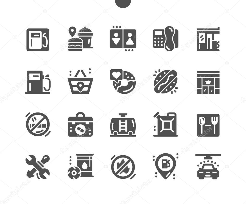 Gas station. Barrel of gasoline. Car wash services. Transport, repairs, energy, industry, benzine, gasoline, service, diesel. Vector Solid Icons. Simple Pictogram