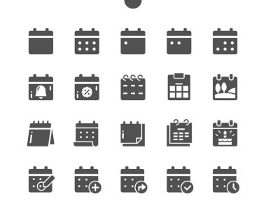Takvim. Bugün, yarın, önceki gün. Tarihi, tatili, önemli günü işaretle. Planlayıcı günlük. Takvim ekle, paylaş ve düzelt. Vektör Katı Simgeleri. Basit Resim Grafiği