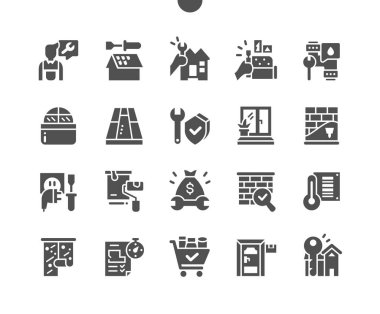 General repair concepts. Apartment renovation. Wallpapering. Repair costs. Climate and ventilation. Water supply. Vector Solid Icons. Simple Pictogram clipart