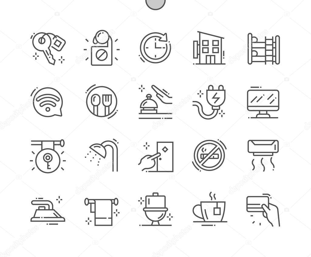 Hostel. Administrator call. Payment by card. Hotel, vacation, tourism, comfortable, travel, apartment and service. Pixel Perfect Vector Thin Line Icons. Simple Minimal Pictogram
