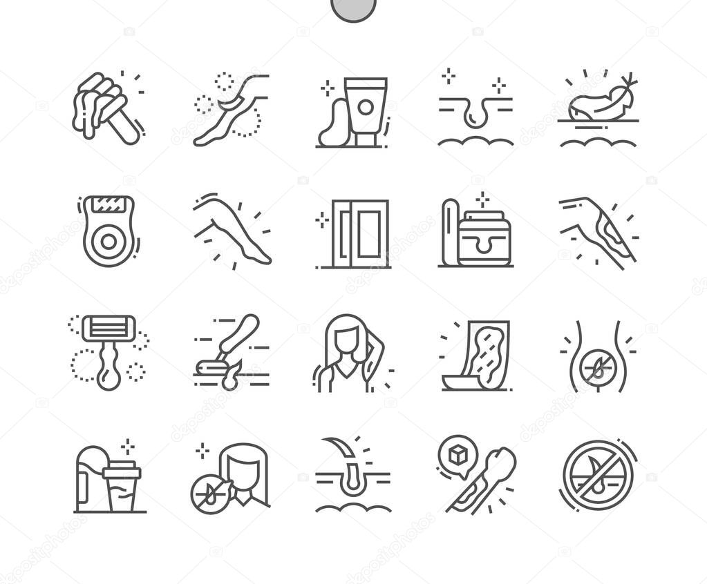 Epilation. Shugaring. Leg hair removal. Bikini area. Laser, body, skin, salon, woman, beauty and depilation. Pixel Perfect Vector Thin Line Icons. Simple Minimal Pictogram