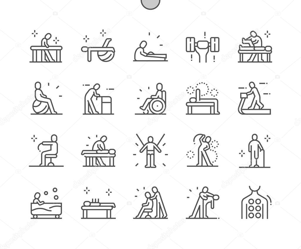 Physiotherapy. Massotherapy and acupuncture. Physical exercise. Rehabilitation. Health care, medical and medicine. Pixel Perfect Vector Thin Line Icons. Simple Minimal Pictogram