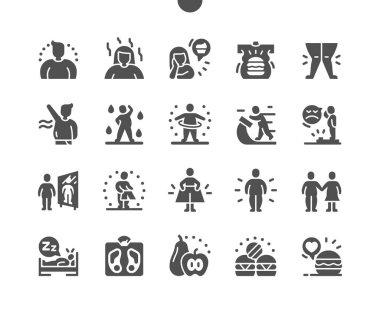 Fazla kilolu. Tartı tartısı. Koşu pisti. Sağlıksız, büyük, obezite, karın, sağlık ve hastalık. Kilolu insanlar için spor. Vektör Katı Simgeleri. Basit Resim Grafiği