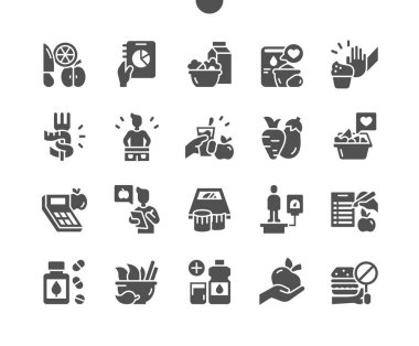 Diyet olsun. Meyve ve sebze. Sağlıklı yiyecekler. Ağırlık ölçeği. Kaloriler, diyet, sağlık, yemek, taze, doğal malzeme ve vitamin. Vektör Katı Simgeleri. Basit Resim Grafiği