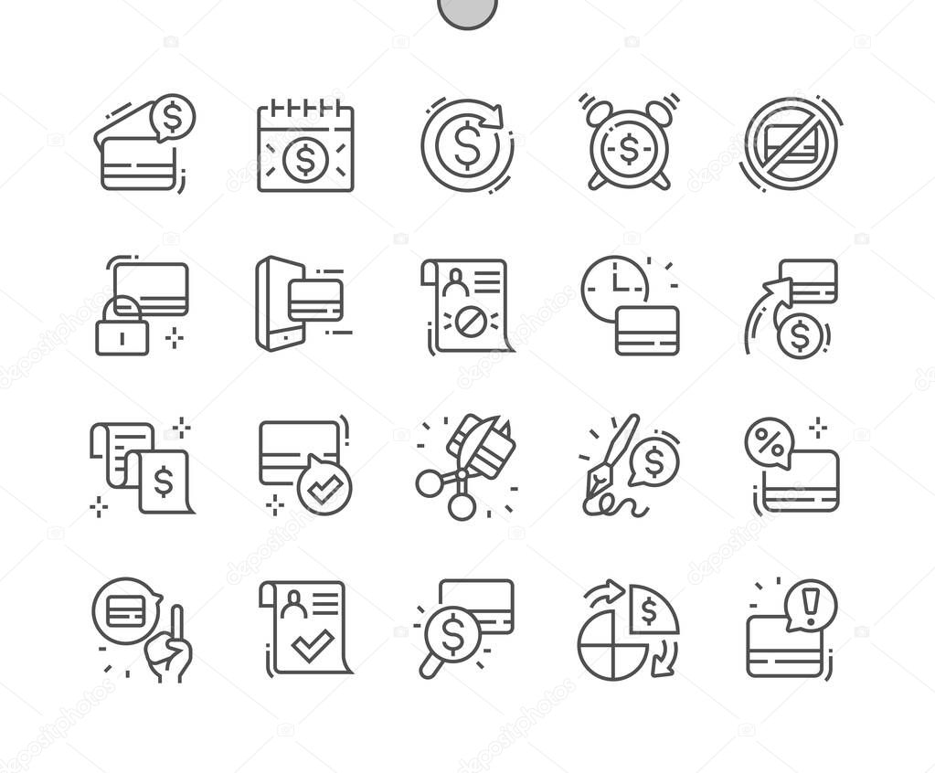 Credit. Payment period. Credit approval. Banking, commerce, finance, budget, accounting and economy. Credit cards. Pixel Perfect Vector Thin Line Icons. Simple Minimal Pictogram