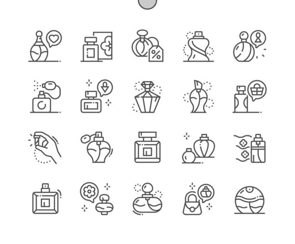 Духи. Женские и мужские духи. Скидочные духи. Аромат, запах, свежесть, косметика и парфюмерия. Тонкие векторные иконки. Минимальная пиктограмма