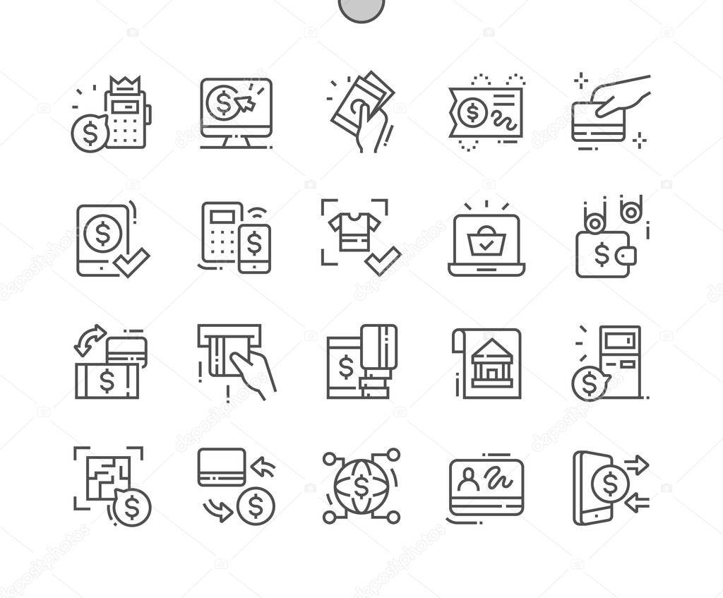 Payment method elements. Payment by phone. Wallet and e-shopping. Digital, customer, purchase, paying, ecommerce and transaction. Pixel Perfect Vector Thin Line Icons. Simple Minimal Pictogram