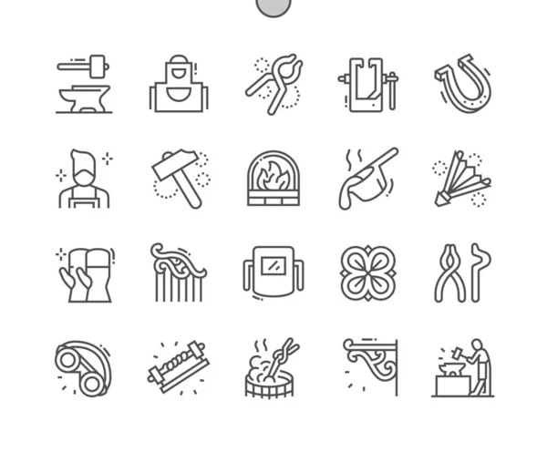 Schmied. Hufeisen, Hammer, geschmolzenes Metall. Schmiedemaschine. Handarbeit, Handwerkskunst, Schmiede-, Stahl- und Metallverarbeitung. Pixel Perfect Vector Thin Line Icons. Einfaches minimales Piktogramm — Stockvektor