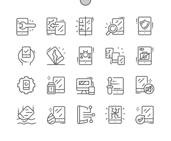 Repair smartphone. Checking the phone. Smartphone crashed. Phone protection. Screwdriver, fixing, engineer, mobile and hardware. Pixel Perfect Vector Thin Line Icons. Simple Minimal Pictogram — Stock Vector