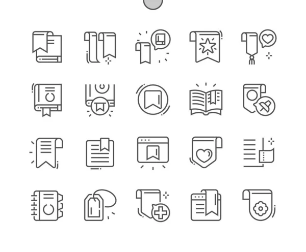 부크 마크. 저장 링크. 책, 읽기, 서적, 태그, 리본, 라벨, 스티커. 책장 이 있는 일기. 픽셀 완벽 한 벡터 주석 라인. 아주 적은 양의 픽토그램 — 스톡 벡터