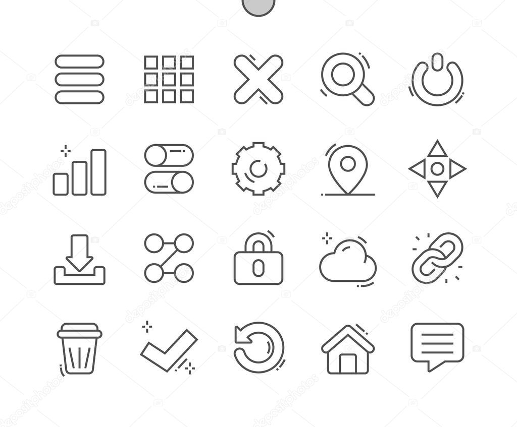 Mobile navigation. Communication, mobile interface, user display and layout. Homepage, notification, close, download and other button. Pixel Perfect Vector Thin Line Icons. Simple Minimal Pictogram