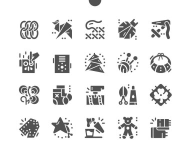 Dijital el sanatları. Makas ve yapıştırıcı. Hobi, beceri, el yapımı ve yaratıcılık süreci. Origami, nakış ve dikiş. Vektör Katı Simgeleri. Basit Resim Grafiği