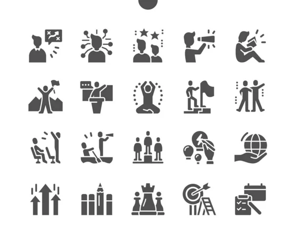 Liderazgo. Objetivo, estrategia, motivación y éxito. Autodisciplina. Gestión empresarial. Equipo y socio. Vector Solid Icons. Pictograma simple — Vector de stock