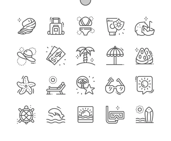 Isla. Viajes de verano y vacaciones. Buceo, surf y playa de mar. Pixel Perfect Vector Thin Line Iconos. Pictograma mínimo simple — Vector de stock