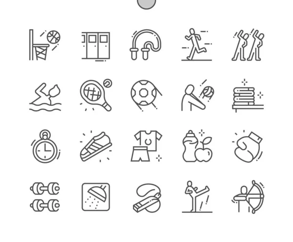 Sport school. Leisure activity, healthy and equipment. Basketball, swimming, volleyball, tennis, archery, football and other. Pixel Perfect Vector Thin Line Icons. Simple Minimal Pictogram — Stock Vector