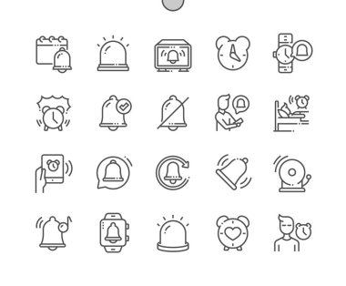 Alarm. Calendar, clock and notification. Morning alarm. Reminder, time, waking. Pixel Perfect Vector Thin Line Icons. Simple Minimal Pictogram