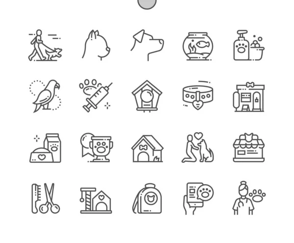 Pets. Cat, dog, bird and aquarium. Online pet store and grooming. Backpack for cat. Pixel Perfect Vector Thin Line Icons. Simple Minimal Pictogram — Διανυσματικό Αρχείο