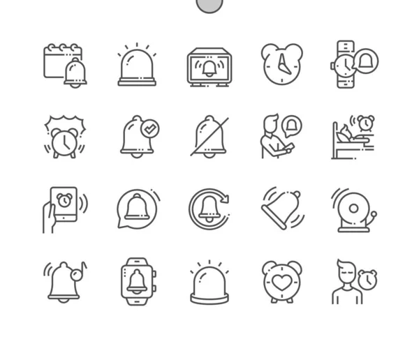 Alarm. Kalender, Uhr und Benachrichtigung. Morgenalarm. Erinnerung, Zeit, Aufwachen. Pixel Perfect Vector Thin Line Icons. Einfaches minimales Piktogramm — Stockvektor