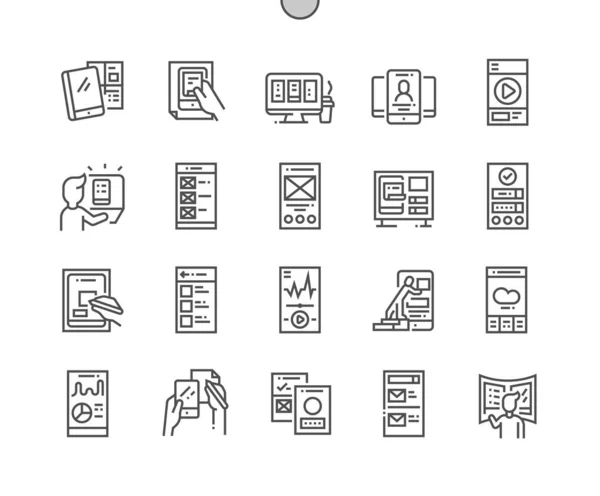 Mobil. Aplikace sociálních médií. Mobilní aplikace. Gui, vývoj, kreativní, síť, prototyp, widget, webové stránky a rozhraní. Pixel Perfect Vector Thin Line Ikony. Jednoduchý minimální piktogram — Stockový vektor