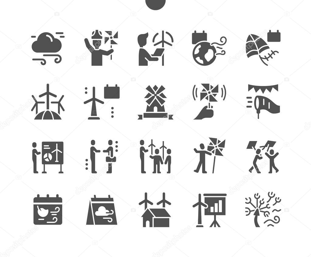 Global Wind Day 15 June. Engineer. Calendar. Fifteenth of june. Holiday. Wind farm. Kite flying. Wind power development. Vector Solid Icons. Simple Pictogram