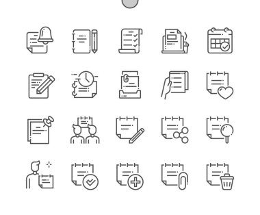 Notes and Tasks. Management and time. Task meeting. Reminder. Favorite tasks. Pixel Perfect Vector Thin Line Icons. Simple Minimal Pictogram clipart