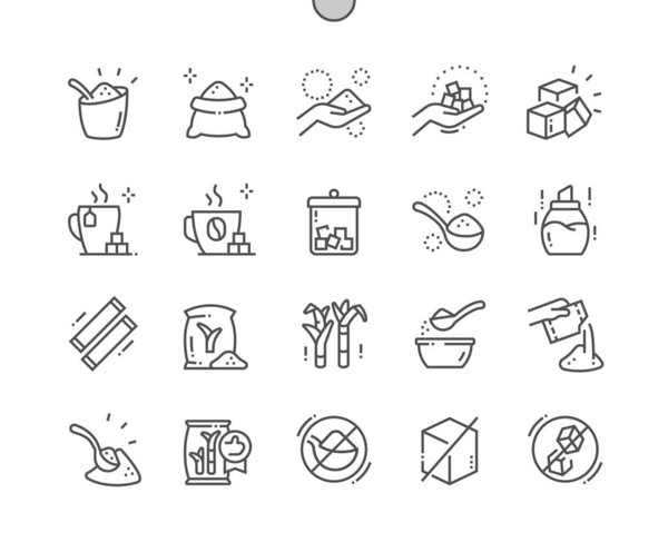 Сахар. Кубик сахара. Чай и кофе. Органические, питательные, калорийные, сахарная роза, еда, глюкоза. Без сахара. Тонкие векторные иконки. Минимальная пиктограмма