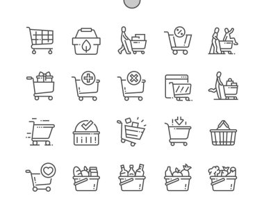 Alışveriş arabası. Alışveriş, süpermarket, pazarlama, sepet, market, perakende. Eko-alışveriş. Piksel Mükemmel Vektör İnce Çizgi Simgeleri. Basit Asgari Resim Grafiği