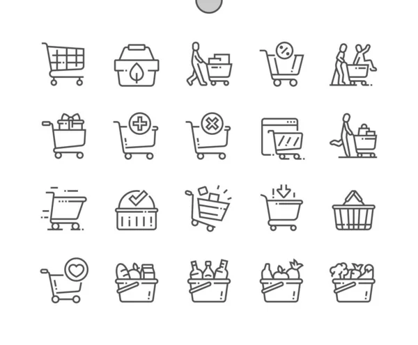 Warenkorb. Geschäft, Supermarkt, Marketing, Warenkorb, Geschäft, Einzelhandel. Öko-Shopping. Pixel Perfect Vector Thin Line Icons. Einfaches minimales Piktogramm — Stockvektor