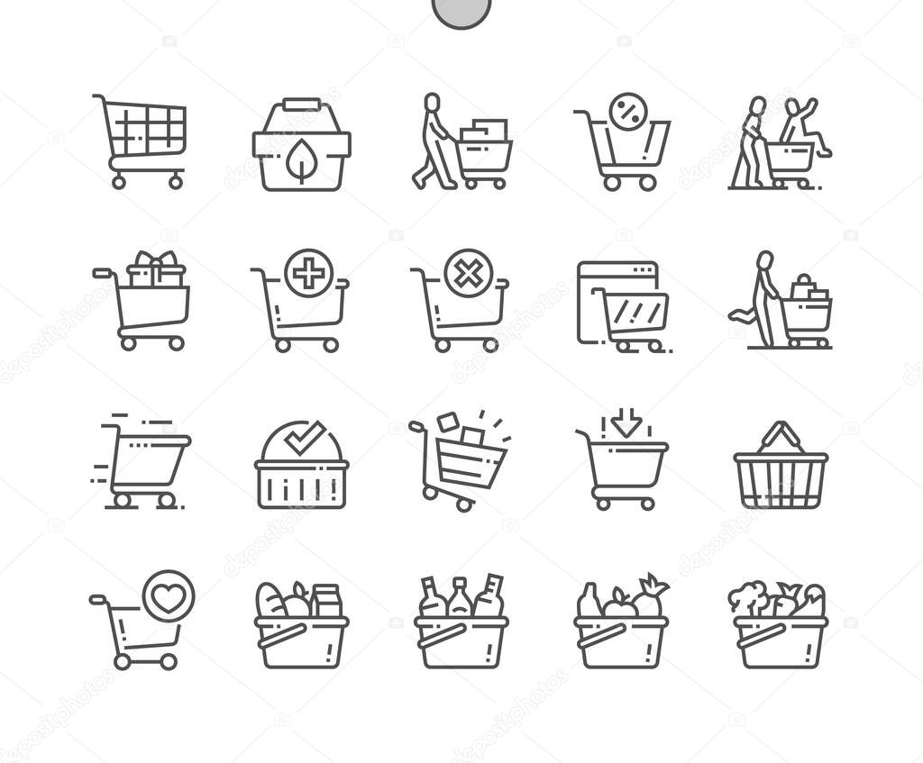 Shopping cart. Shop, supermarket, marketing, basket, store, retail. Eco shopping. Pixel Perfect Vector Thin Line Icons. Simple Minimal Pictogram