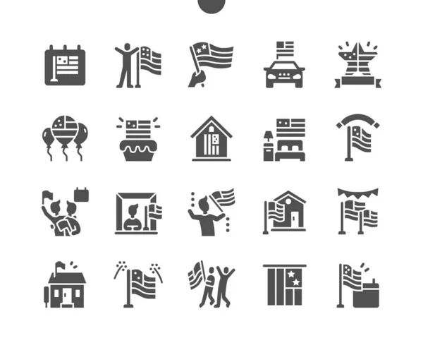 Dag van de Amerikaanse vlag 14 juni. Man met vlag. Kalender. Veertiende juni. Optocht. Tradities, USA, Amerika, nationaal, vieren, festival, patriottisch, cultuur. Vector Solid Icons. Eenvoudig Pictogram — Stockvector