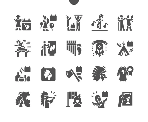 Indiandag i Peru 22 juni. Föreställningar. Kalendarium. Tjugo sekunder i juni. Indisk hatt. Musikinstrument. Ritualer, traditioner, fjädrar, india, kultur. Vektor fasta ikoner. Enkelt piktogram — Stock vektor