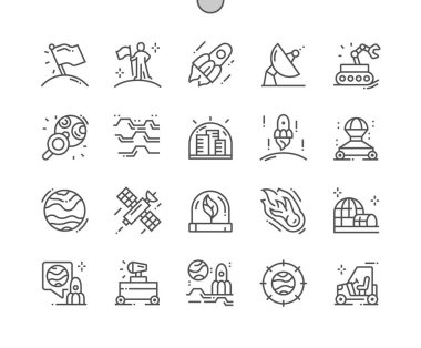 Sömürgeleştirme. Yerleşim yeri. Uzay roketi, ay yürüyüşü ve kuyruklu yıldız. Kolonileşme şehri. Uzay uydusu. Piksel Mükemmel Vektör İnce Çizgi Simgeleri. Basit Asgari Resim Grafiği