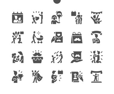 20 Haziran Babalar Günü. Balonlar. Takvim. 20 Haziran 'da. Tatil günü. Babam için kek. En iyi baba. Mutlu bir aile. Vektör Katı Simgeleri. Basit Resim Grafiği