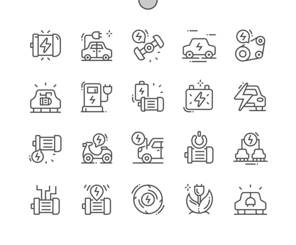 Electrical engine. Electric motor and car. Timing belt. Eco car. Industrial engineering. Pixel Perfect Vector Thin Line Icons. Simple Minimal Pictogram — Image vectorielle