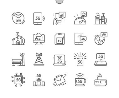 5G. Smart city. Digital innovation, lte, social, wave, telecommunications, network and internet. 5G sim card. Best speed. Pixel Perfect Vector Thin Line Icons. Simple Minimal Pictogram